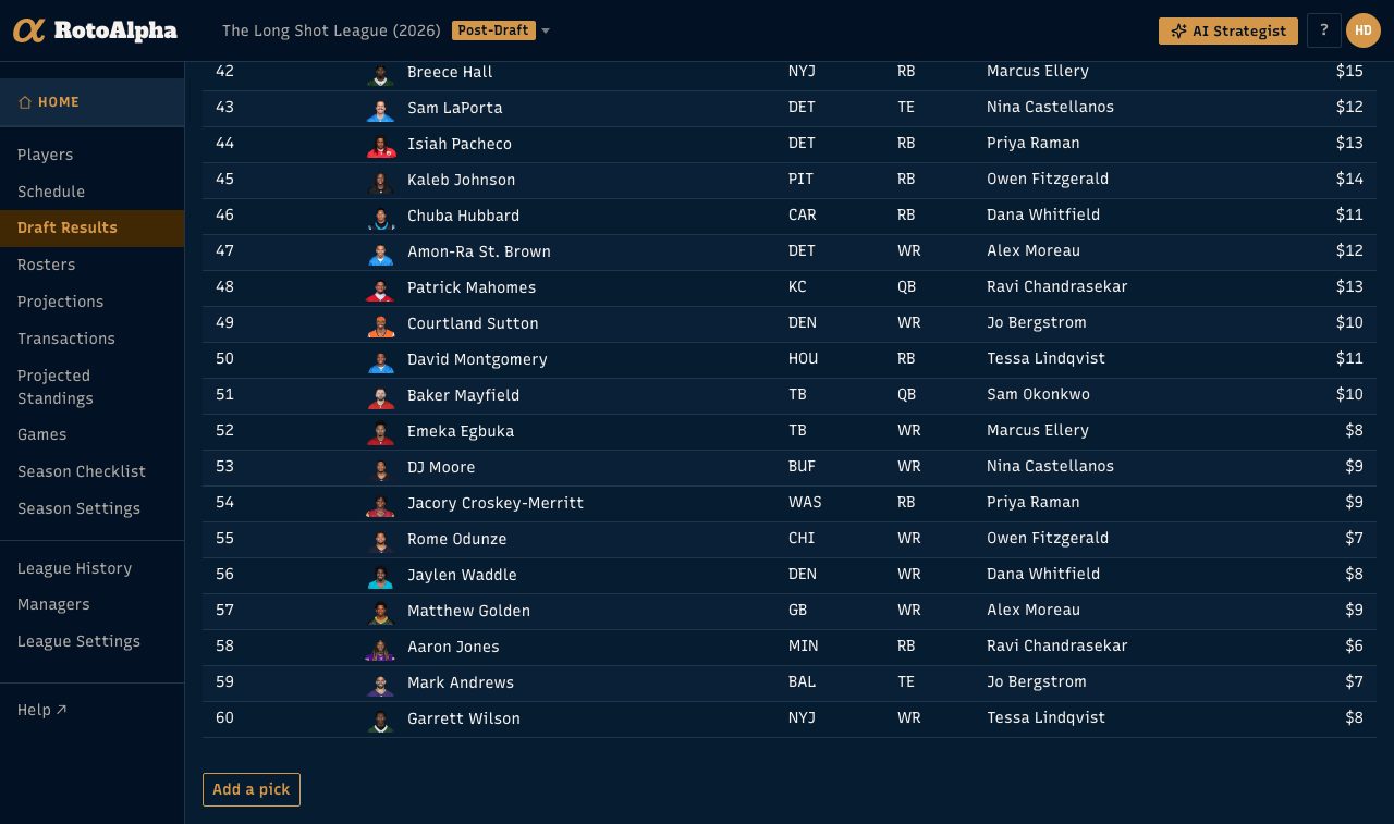 The Add a pick button under the last row of the draft results ledger