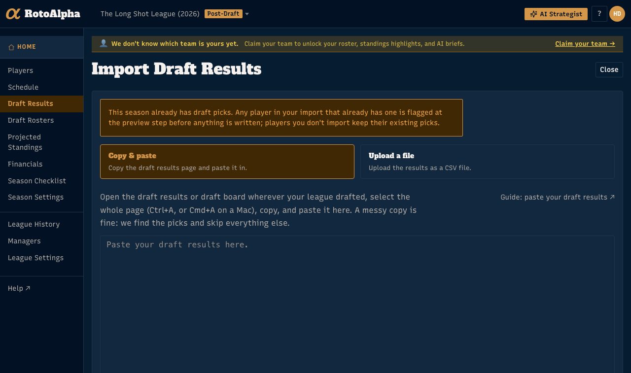 The draft import wizard on its paste step