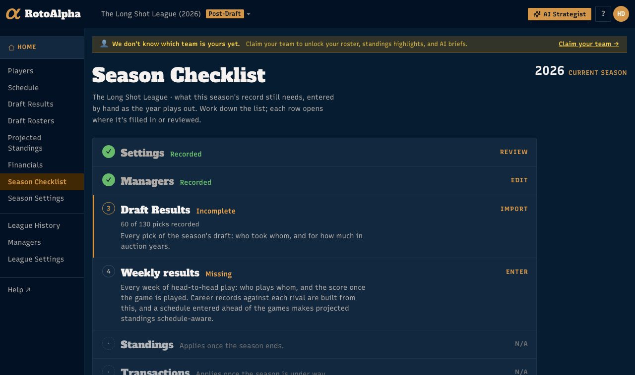 A year's Season Checklist, one row per piece of the year and its status
